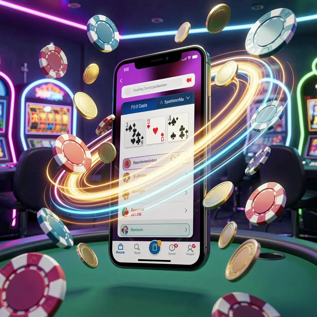 3SDB fast casino app access visual showing a smartphone with speed light trails, flying coins and chips against a modern neon casino background in a dynamic 3D render