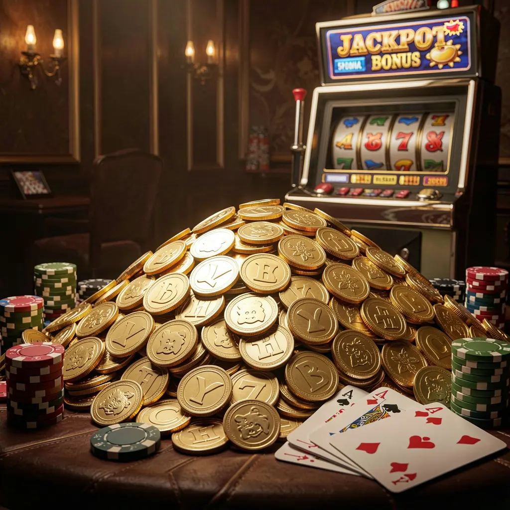3SDB jackpot bonus scene featuring a huge pile of golden coins, a slot machine in the background, poker chips, and playing cards under cinematic luxury lighting