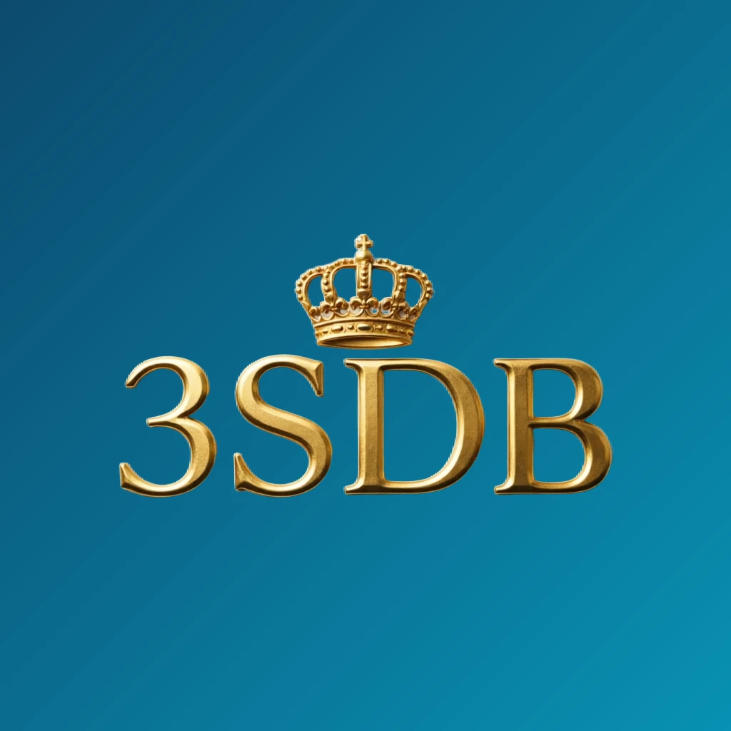 3SDB royal logo design featuring a gold metallic crown above the letters with a luxury brand feel, displayed as a wide horizontal rectangular wordmark logo on a transparent background