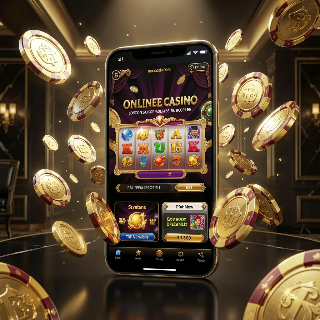 3SDB modern online casino main page visual with smartphone displaying glowing gaming interface, coins and chips flying around in a black and gold luxury atmosphere
